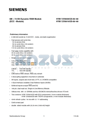 HYM72V8010GS-50 datasheet - 8M x 72-Bit Dynamic RAM Module