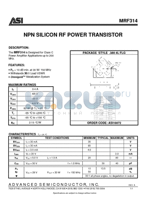 MRF314 datasheet - NPN SILICON RF POWER TRANSISTOR