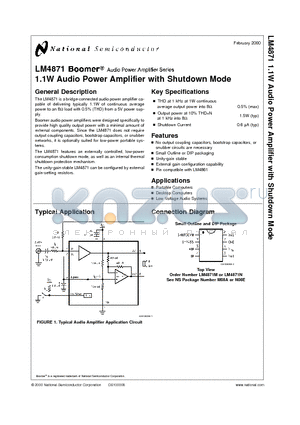 LM4871 datasheet - 1.1W Audio Power Amplifier with Shutdown Mode