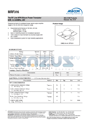 MRF316 datasheet - The RF Line NPN Silicon Power Transistor 80W, 3.0-200MHz, 28V