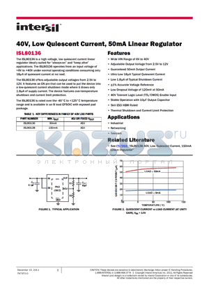 ISL80136 datasheet - 40V, Low Quiescent Current, 50mA Linear Regulator
