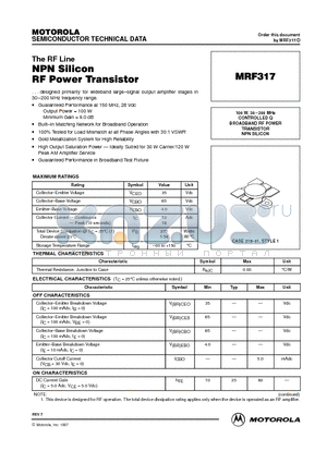 MRF317 datasheet - BROADBAND RF POWER TRANSISTOR NPN SILICON
