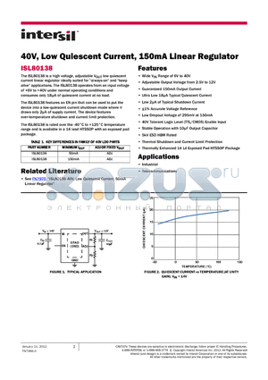 ISL80138 datasheet - 40V, Low Quiescent Current, 150mA Linear Regulator