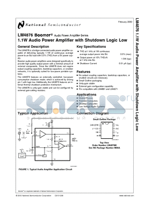 LM4876 datasheet - 1.1W Audio Power Amplifier with Shutdown Logic Low