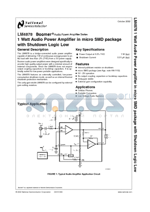 LM4878 datasheet - 1 Watt Audio Power Amplifier in micro SMD package with Shutdown Logic Low