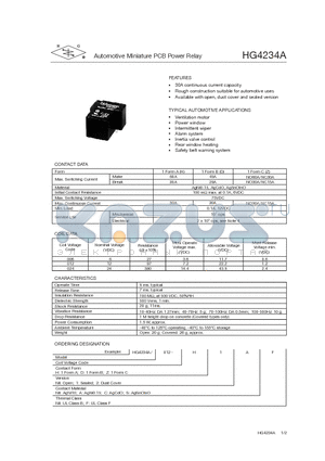 HG4234A/006-DAF datasheet - Automotive Miniature PCB Power Relay