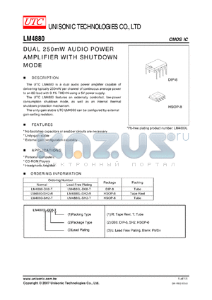 LM4880-SH2-R datasheet - DUAL 250mW AUDIO POWER AMPLIFIER WITH SHUTDOWN MODE