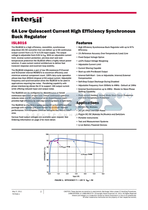 ISL8016_1105 datasheet - 6A Low Quiescent Current High Efficiency Synchronous Buck Regulator