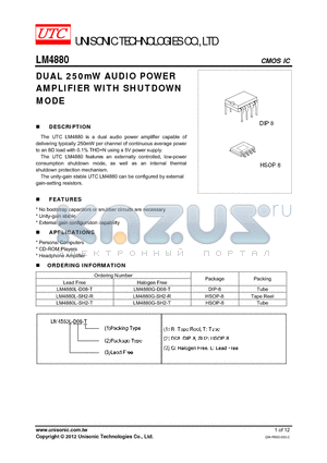 LM4880L-D08-T datasheet - DUAL 250mW AUDIO POWER AMPLIFIER WITH SHUTDOWN MODE