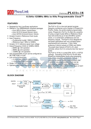 PL611S-18-XXXUCR datasheet - 0.5kHz-125MHz MHz to KHz Programmable ClockTM