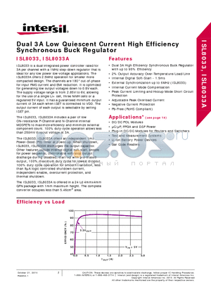ISL8033A datasheet - Dual 3A Low Quiescent Current High Efficiency Synchronous Buck Regulator