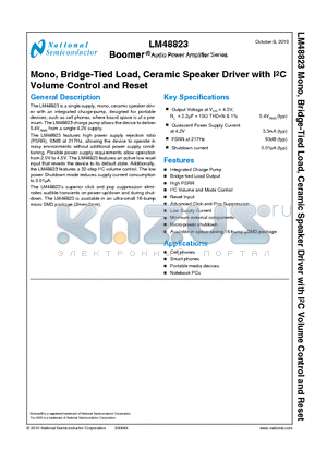 LM48823TLX datasheet - Mono, Bridge-Tied Load, Ceramic Speaker Driver with I2C Volume Control and Reset