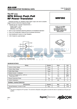 MRF392 datasheet - Tthe RF Line NPN Silicon Push-Pull RF Power Transistor