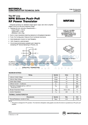 MRF392 datasheet - BROADBAND PUSH-PULL RF POWER TRANSISTOR NPN SILICON