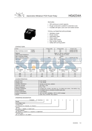 HG4234A/012-Z datasheet - Automotive Miniature PCB Power Relay