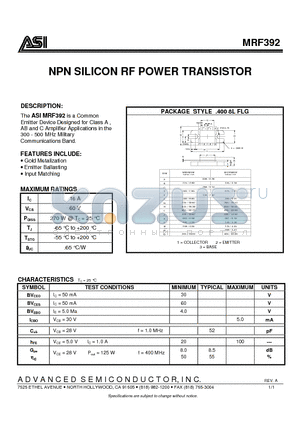 MRF392 datasheet - NPN SILICON RF POWER TRANSISTOR