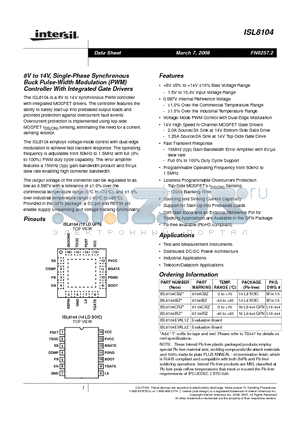 ISL8104 datasheet - 8V to 14V, Single-Phase Synchronous Buck Pulse-Width Modulation PWM Controller With Integrated Gate Drivers