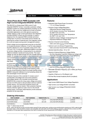 ISL8103 datasheet - Three-Phase Buck PWM Controller with High Current Integrated MOSFET Drivers