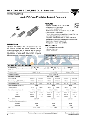 MBA02040D4702BCT00 datasheet - Lead (Pb)-Free Precision Leaded Resistors