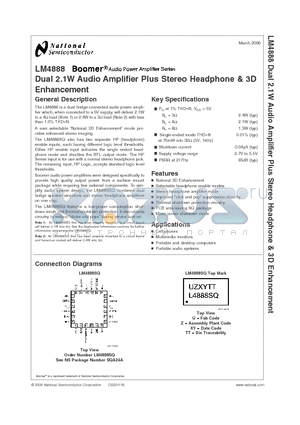 LM4888 datasheet - Dual 2.1W Audio Amplifier Plus Stereo Headphone & 3D Enhancement