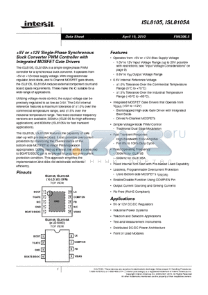 ISL8105ACRZ datasheet - 5V or 12V Single-Phase Synchronous Buck Converter PWM Controller withIntegrated MOSFET Gate Drivers