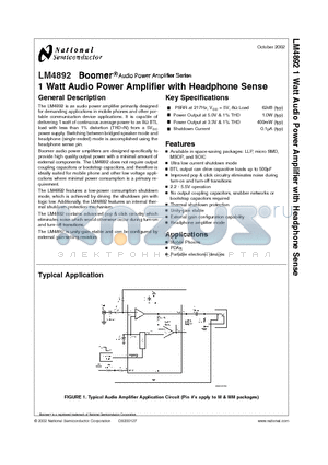 LM4892IBP datasheet - 1 Watt Audio Power Amplifier with Headphone Sense