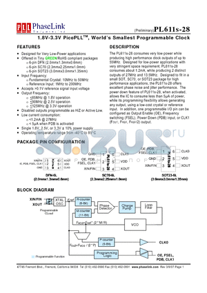 PL611S-28-XXXUC datasheet - 1.8V-3.3V PicoPLLTM, Worlds Smallest Programmable Clock