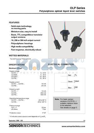 OLP25U1L4 datasheet - Polysulphone optical liquid level switches