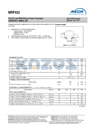 MRF422 datasheet - The RF Line NPN Silicon Power Transistor 150W(PEP), 30MHz, 28V