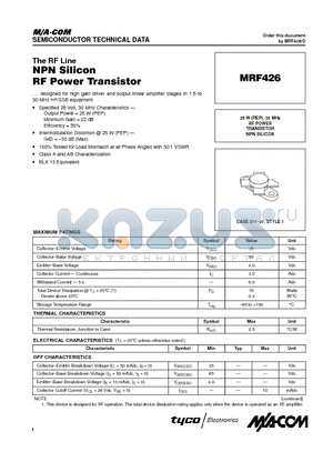 MRF426 datasheet - The RF Line NPN Silicon RF Power Transistor