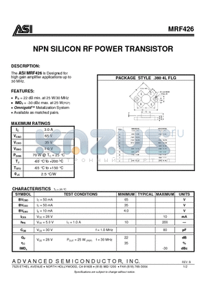 MRF426 datasheet - NPN SILICON RF POWER TRANSISTOR