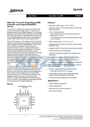 ISL8106CRZ datasheet - Wide VIN, 7V to 25V, Single-Phase PWM Controller with Integrated MOSFET Drivers