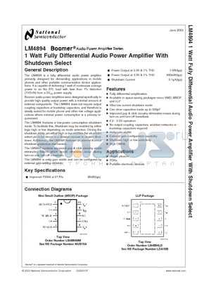 LM4894ITLX datasheet - 1 Watt Fully Differential Audio Power Amplifier With Shutdown Select