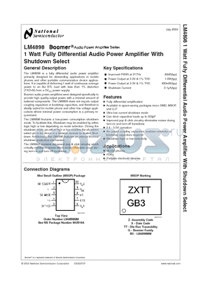LM4898MM datasheet - 1 Watt Fully Differential Audio Power Amplifier With Shutdown Select