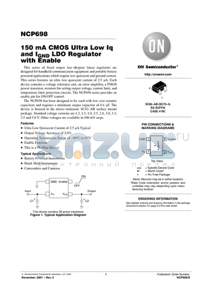 NCP698SQ15T1G datasheet - 150 mA CMOS Ultra Low Iq and IGND LDO Regulator with Enable