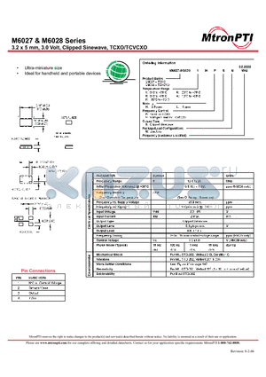 M6027ALVSN datasheet - 3.2 x 5 mm, 3.0 Volt, Clipped Sinewave, TCXO/TCVCXO