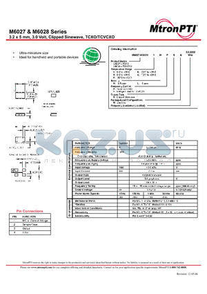 M6027ALVSN datasheet - 3.2 x 5 mm, 3.0 Volt, Clipped Sinewave, TCXO/TCVCXO