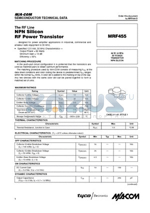 MRF455 datasheet - RF POWER TRANSISTOR NPN SILICON