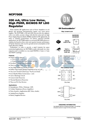 NCP700BSN28T1G datasheet - 200 mA, Ultra Low Noise, High PSRR, BiCMOS RF LDO Regulator