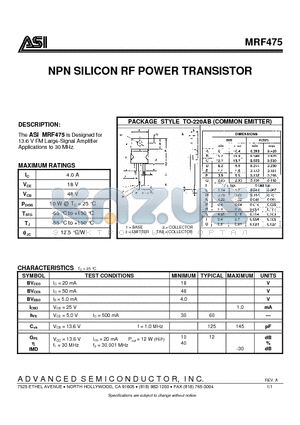 MRF475 datasheet - NPN SILICON RF POWER TRANSISTOR