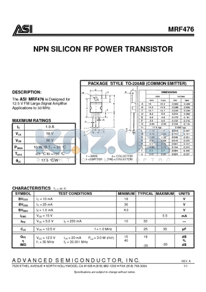 MRF476 datasheet - NPN SILICON RF POWER TRANSISTOR