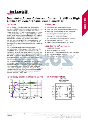 ISL8088 datasheet - Dual 800mA Low Quiescent Current 2.25MHz High Efficiency Synchronous Buck Regulator