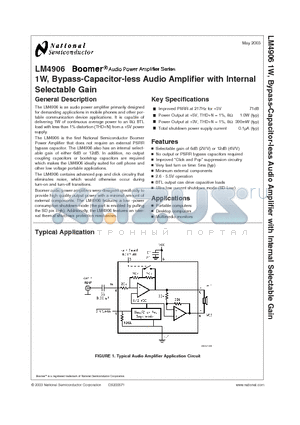 LM4906LD datasheet - 1W, Bypass-Capacitor-less Audio Amplifier with Internal Selectable Gain