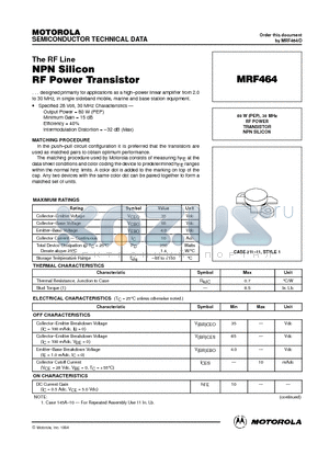 MRF464 datasheet - RF POWER TRANSISTOR NPN SILICON