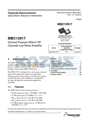 MBC13917 datasheet - General Purpose SiGe C RF Cascode Low Noise Amplifier