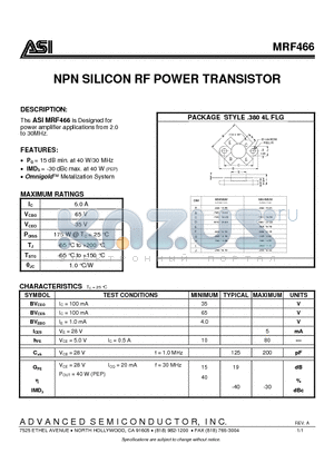 MRF466 datasheet - NPN SILICON RF POWER TRANSISTOR