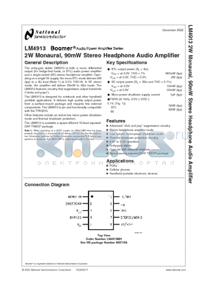 LM4913MH datasheet - 2W Monaural, 90mW Stereo Headphone Audio Amplifier