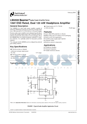 LM4908LQ datasheet - 10kV ESD Rated, Dual 120 mW Headphone Amplifier