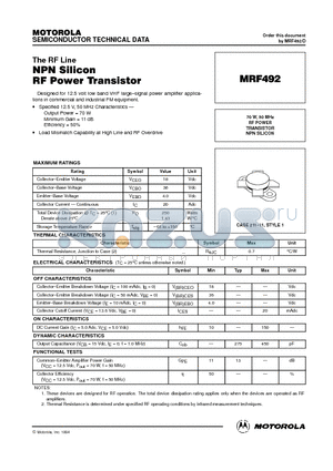 MRF492 datasheet - RF POWER TRANSISTOR NPN SILICON