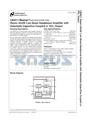 LM4911 datasheet - Stereo 40mW Low Noise Headphone Amplifier with Selectable Capacitive Coupled or OCL Output